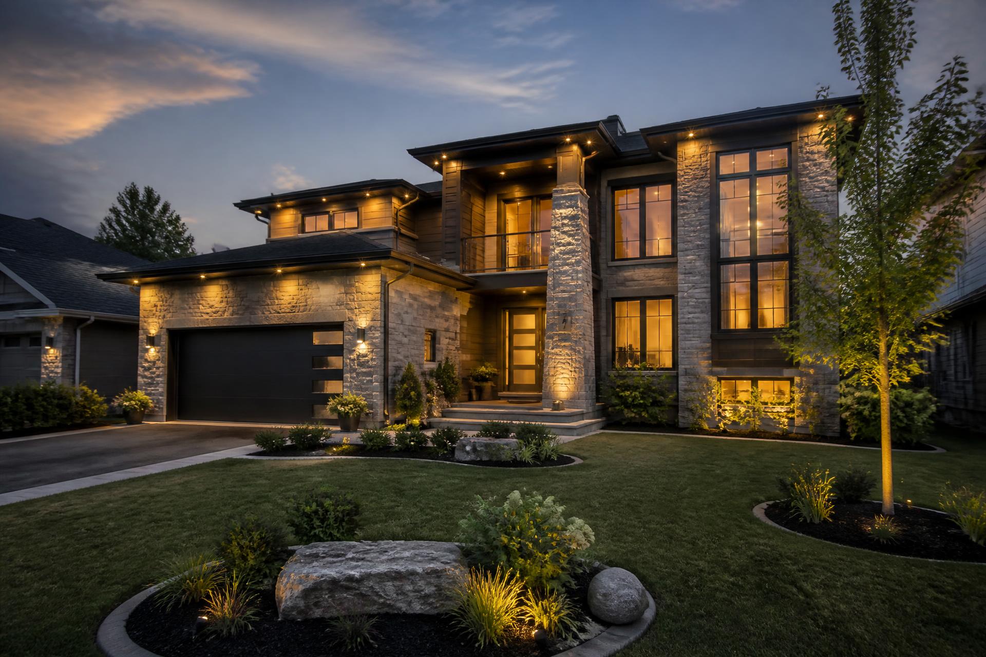 Luxury Canadian home lit at dusk, marketed by Batra Real Estate Group